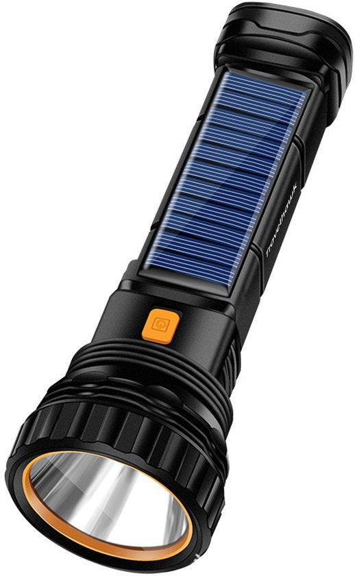 Travelhawk Flashlight - Lampe de poche Led - Lampe de poche militaire - Lampe de poche à batterie - 1000 Lumens - Panneau solaire - Étanche - Noir