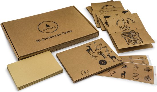 Giftmas - Cartes de Noël - Cartes de voeux - 36 pièces - Avec enveloppes et autocollants - 10x15cm - Marron