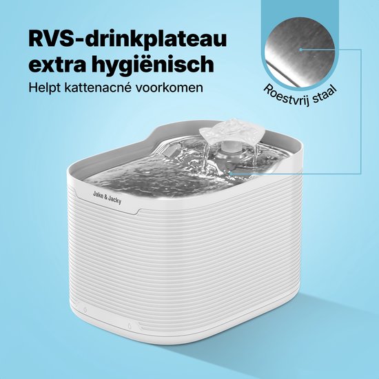 Jake & Jacky Abreuvoir inox sans fil pour chat et chien - Avec capteur et pile - Fontaine à eau pour chat - Abreuvoir pour chat - Bol à eau - Silencieux - Filtre inclus - 2.5L - Blanc