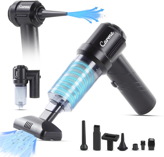 CarMe Aspirateur de voiture 2-en-1 - Aspiration et soufflage - Dépoussiéreur - 7 accessoires - Rechargeable - Aspirateur à main - Airduster - Noir