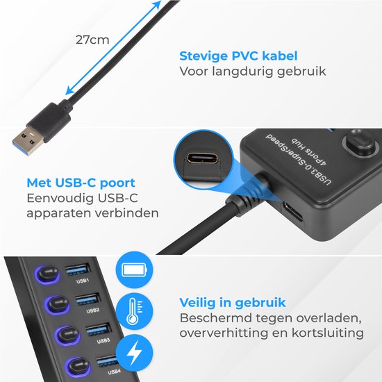 Nuvance - Hub USB 3.0 - 4 ports - Répartiteur - Hub/adaptateur USB C - Universel - Interrupteur marche/arrêt - Noir