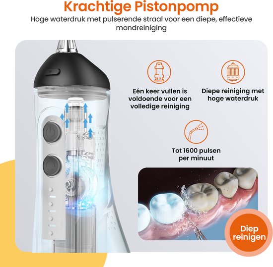 Fil dentaire Goliving - 5 accessoires - 4 supports - sac de voyage inclus - bain de bouche 300 ml - Fil dentaire électrique - sans fil et rechargeable par USB - noir