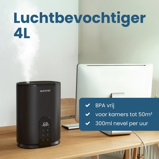 Humidificateur Auronic - 4 litres - 40m2 - Convient au salon, au bureau, à la chambre à coucher, à la chambre de bébé et plus encore - Avec aromathérapie - Sans BPA - Noir