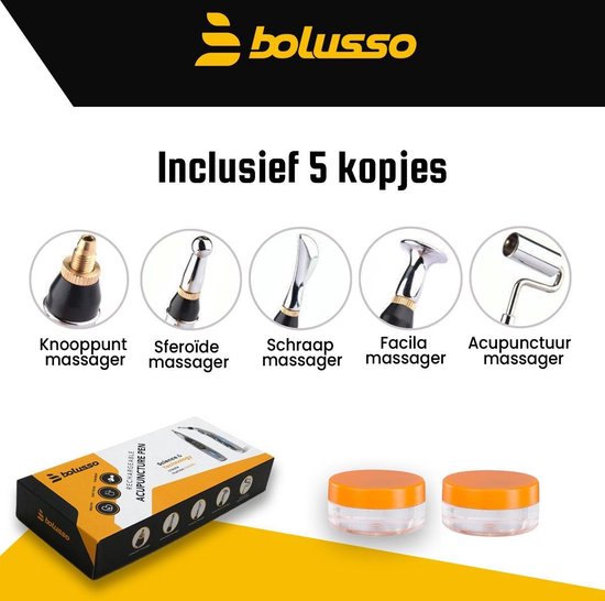 Bolusso Set complet de stylos d'acupuncture - comprend 5 embouts, un manuel hollandais, un stylo de massage et un outil - rechargeable - comprend des pots de gel