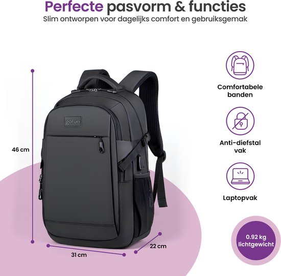 Gofun Backpack - 35L - 15.6-inch - Résistant à l'eau et antivol - Connecteur USB - Sac à dos - Cartable - Sacoche pour ordinateur portable - Noir