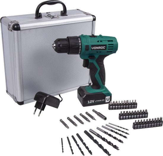 VONROC Perceuse sans fil - 12V Li-Ion - Avec mallette de rangement en aluminium, 46 accessoires, 1x batterie et chargeur