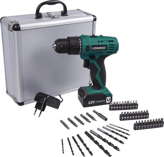VONROC Perceuse sans fil - 12V Li-Ion - Avec mallette de rangement en aluminium, 46 accessoires, 1x batterie et chargeur