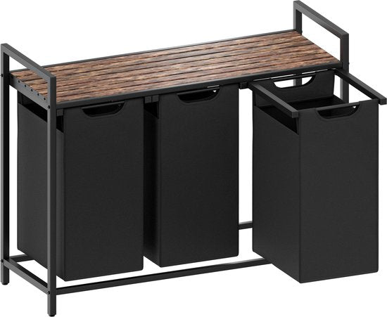 O'DADDY® Laundry Basket 3 Boxes - Trieur de linge - Extensible - Assemblage facile - 92.5 x 33 x 71 cm - Capacité 114L - 3 Sacs - Bois brun - Métal noir - Paniers à linge - Boîte à linge