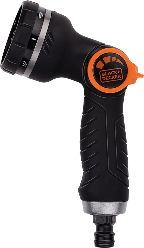 Tête d'arrosage BLACK+DECKER avec 3 raccords pour tuyau d'arrosage - Débit d'eau réglable - Plastique - Noir/Orange