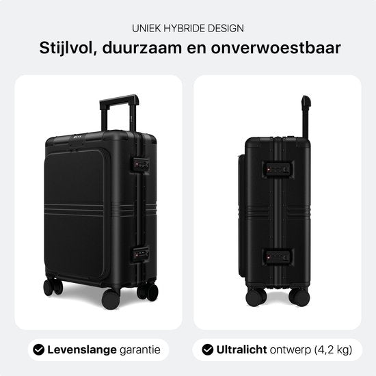 ONYX Hybrid Pro Hand Luggage Suitcase with Front Pocket 38 Litres - Recycled Polycarbonate and Zipperless Design - Travel Suitcase with TSA Lock and Spinner Wheels - Lightweight Trolley with Laptop Compartment - Onyx Black