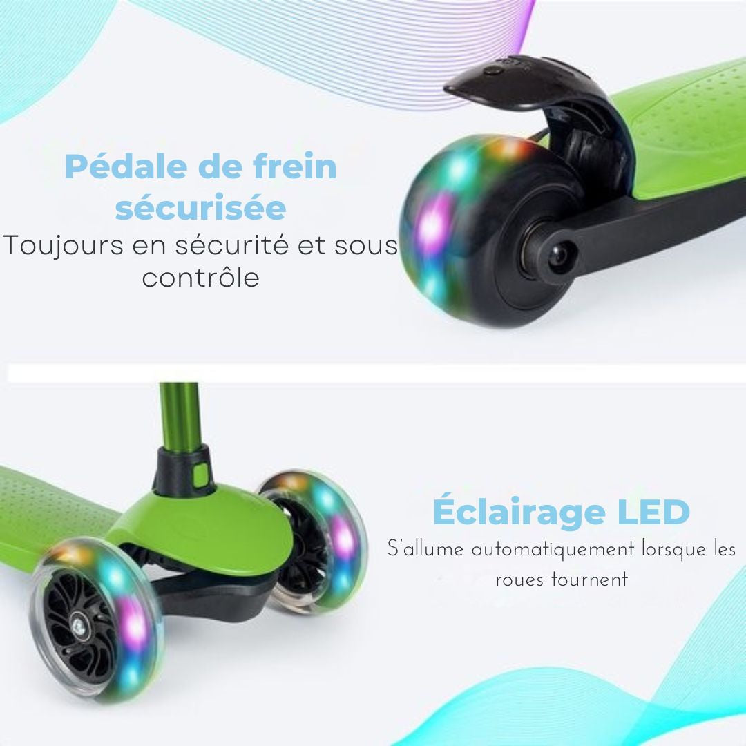 Trottinette pour enfants LifeGoods - 2-5 ans - 3 roues LED lumineuses - Hauteur réglable - Garçons/Filles - Vert
