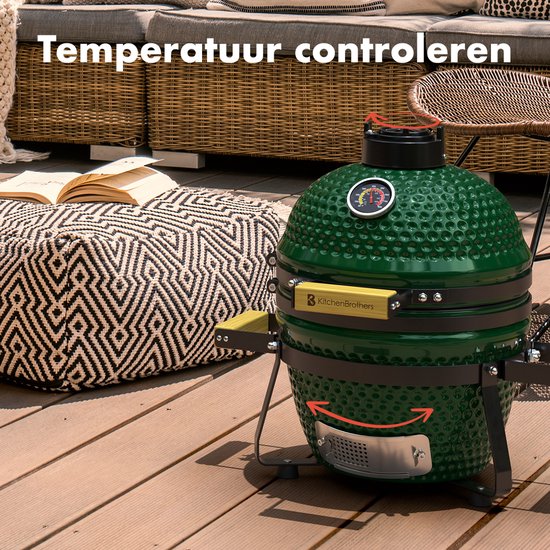 KitchenBrothers Kamado BBQ - 13 Inch Charcoal Barbecue - 27⌀ cm - sans PFAS - Deluxe Set - Egg BBQ with Accessories including Cover - Vert