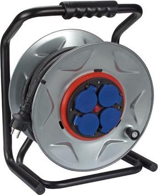 Perel Enrouleur de câble professionnel, utilisation intérieure et extérieure, résistant aux éclaboussures (IP44), 4 prises avec terre de protection, système anti-torsion, protection thermique, longueur de câble 40 m, 3G2.5, gris/noir