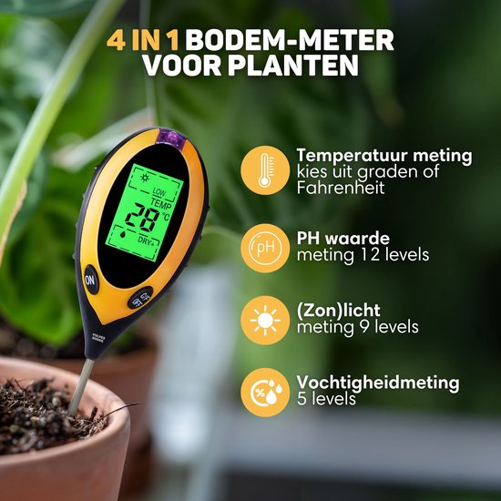 Vulpes Goods® Humidimètre pour plantes - 4 en 1 - hygromètre - intérieur et extérieur - hygromètre pour plantes d'intérieur - - pH, photomètre, thermomètre et humidimètre - Humidimètre pour sol - Version PRO - Batterie incluse