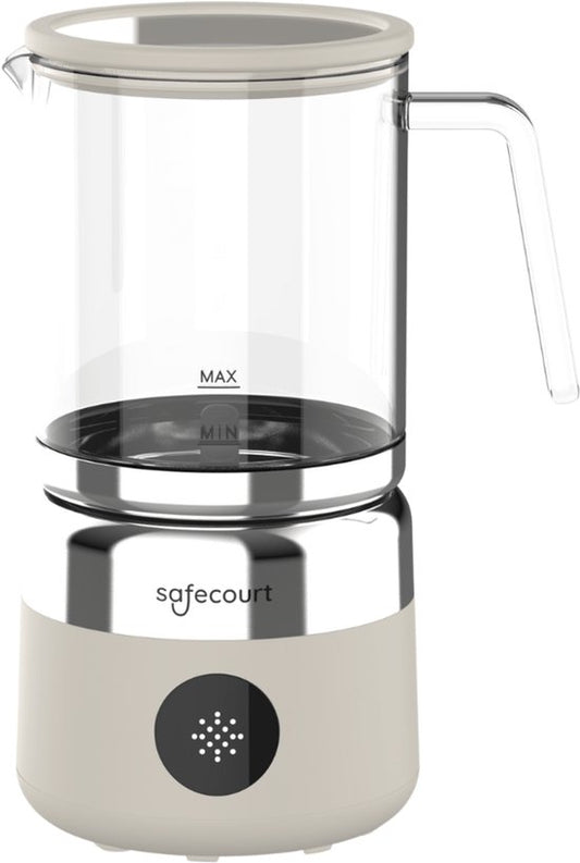 Safecourt Kitchen Glass Milk Frother - Mousseur à lait électrique - Cruche en verre & sans PFAS - Lavable au lave-vaisselle - Beige