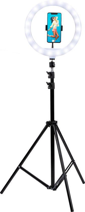 Lampe annulaire Grundig avec trépied - Lampe annulaire réglable jusqu'à 195 cm - Lampe Tiktok avec support de téléphone - Lampe annulaire pour selfie - Lampe annulaire avec 3 niveaux de lumière - Lampe de maquillage
