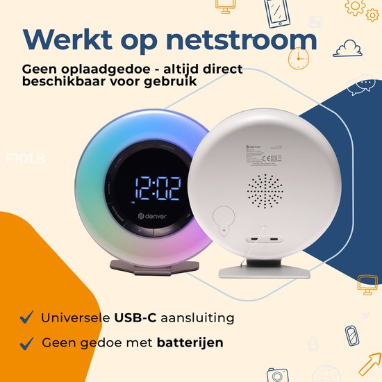 Denver Wake Up Light - Radio-réveil FM - Snooze - Réveil lumineux - Bruit blanc - CRL342