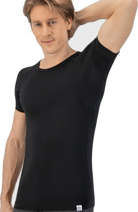 Anti Sweat Shirt - Fibershirts® - Coussinets d'aisselles cousus - Maillot de corps - Noir - Col rond - Hommes - Taille XL