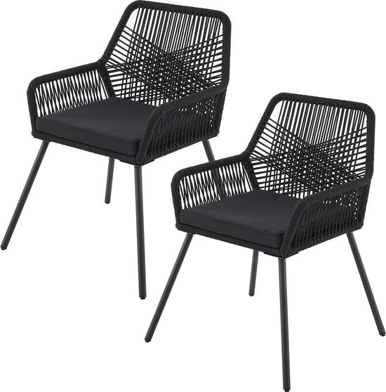 Chaise de jardin 2 pièces Kastos avec corde en maille - Noir - Coussin de siège inclus