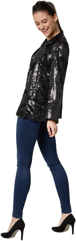 Dressforfun Manteau à paillettes dames noir L - costume de déguisement halloween partywear carnaval partywear - 303858