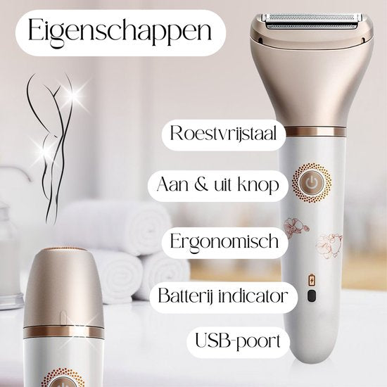 Rasoir féminin 2-en-1 + tête de rasage supplémentaire - Visage - Aisselles - Jambes - Maillot - Rasoir féminin - Epilateur électrique - Epilation visage femmes - Tondeuse femmes - Ladyshaves Bikini - Rechargeable par USB