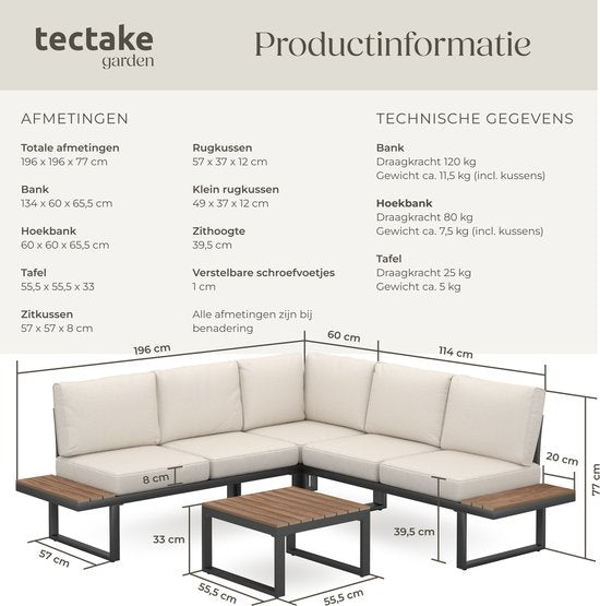 tectake® Garden set - lounge set 4-piece - Salon de jardin résistant aux intempéries avec structure en aluminium et table en polywood - Dossier réglable - Salon de jardin avec coussins - Idéal pour le jardin, le balcon et la terrasse