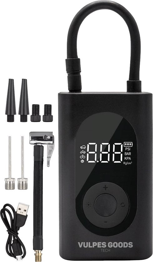 Vulpes Goods® Tech - Pompe à pneu portable à compresseur - 6400mAh - Pompe électrique pour vélo - Compresseur d'air pour voiture, scooter, vélo, ballon et matelas pneumatique - 7 accessoires inclus - Lampe de poche - Powerbank - PRO