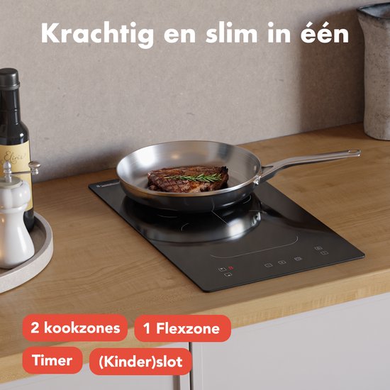 KitchenBrothers Table de cuisson à induction - Table de cuisson à induction encastrable - 30 cm - 2 zones - 1x Flexzone - 1 phase - Jusqu'à 3300W - Noir