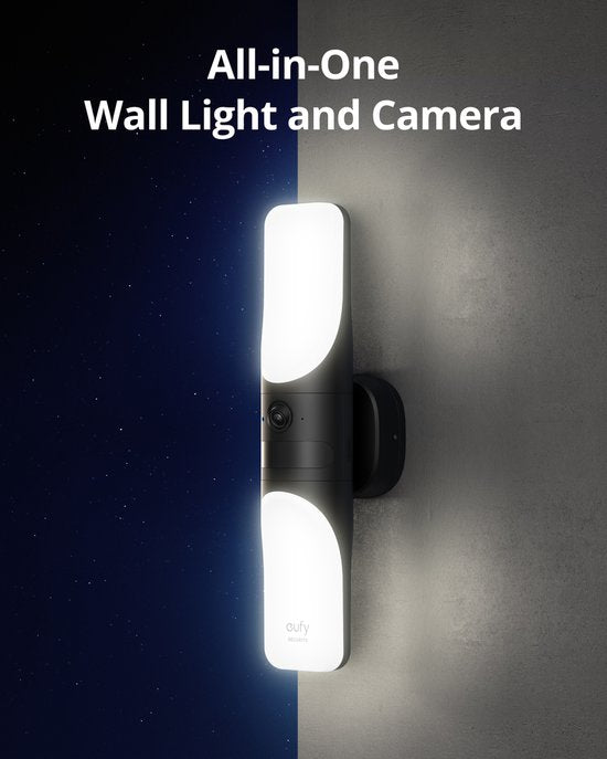 eufy Security S100 Applique murale avec caméra - Applique murale avec caméra - Résolution 2K - Éclairage 1 200 lumens - Vision nocturne couleur - Détection intelligente AI - Étanchéité IP65 - Pas de frais mensuels - Filaire