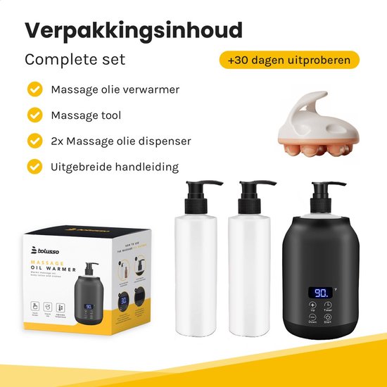 Bolusso Black Massage Oil Heater - Chauffe-huile de massage 30 à 65 degrés - Guasha - Appareil de massage - Comprend 2 distributeurs et un outil de massage - Chauffe-bouteille électrique - Huile de massage érotique