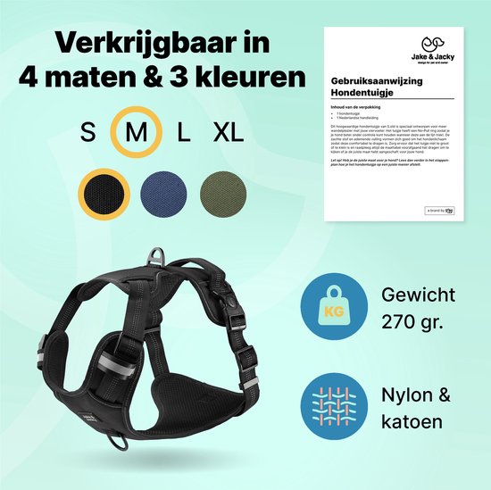 Harnais pour chien Jake et Jacky - Harnais Anti-Trek - Harnais pour chien - Harnais Y pour chien - Réfléchissant - Noir - Taille M