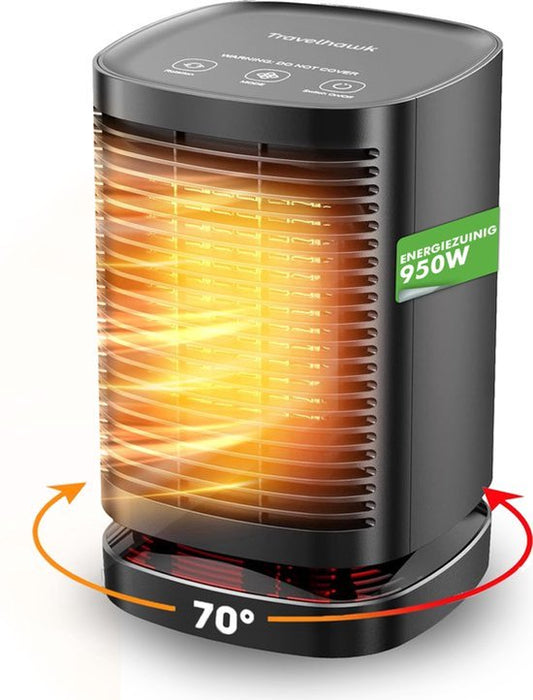Travelhawk Chauffage électrique - Chauffage céramique - 3 niveaux - 950W - Chauffage électrique avec indication LED - Rotatif - Noir