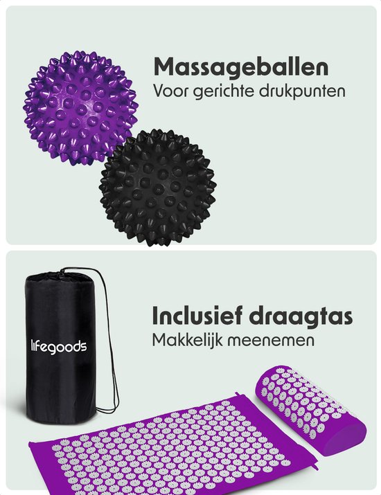 LifeGoods Tapis d'acupression avec coussin - Tapis Shakti - Tapis pour ongles avec 2 balles pour points de déclenchement - 66x40x2cm - Violet/Blanc