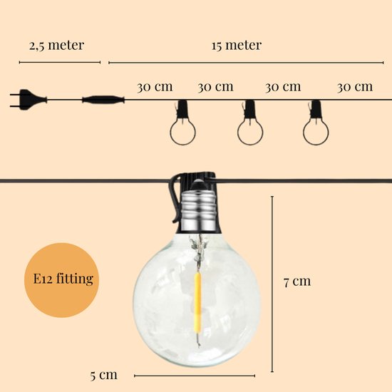 une journée ensoleillée Guirlande lumineuse extérieure - Comprend 50 grandes ampoules LED - 15 mètres - Lumière blanc chaud - Cordon à piquer - Guirlande lumineuse intérieure - Cordon à piquer extérieur - Eclairage LED extérieur - Guirlande lumineuse jard