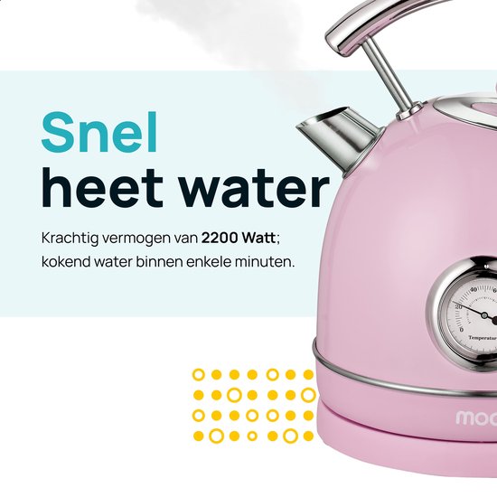 MOA Kettle Retro - 1,8 litre - Bouilloire électrique - Filtre anti-calcaire - sans BPA - acier inoxydable - 2200W - rose pastel