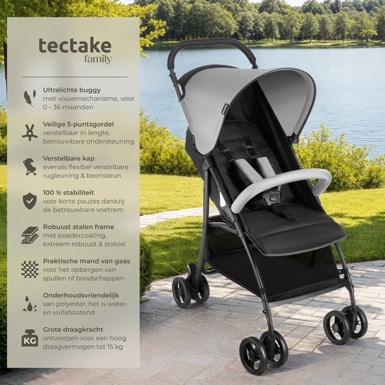 tectake® Buggy - Poussette - Pliable, harnais 5 points, dossier et repose-jambes réglables - Avec frein, roues à roulement souple - Panier de rangement pratique - Noir/gris