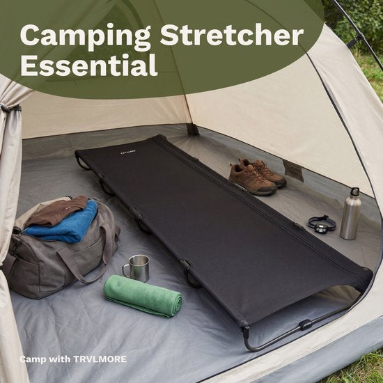 TRVLMORE Lit de Camp pliable - Capacité de charge 120KG - Lit de camping avec sac de transport - Brancard 1 personne - Structure en acier - 193x66x15 cm - Noir