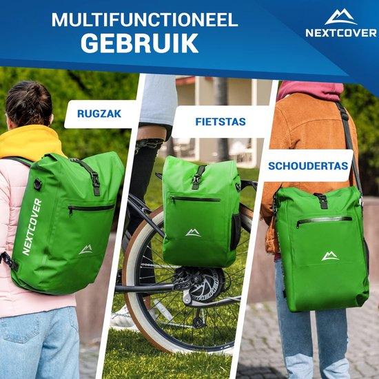 NEXTCOVER® NEW 3-in-1 bike bag for carrier [Aquashield] - Reflective luggage bag bag waterproof - backpack and shoulder bag [25 litres]- Vegetable