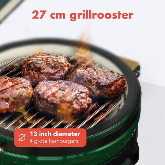 KitchenBrothers Kamado BBQ - 13 Inch Charcoal Barbecue - 27⌀ cm - sans PFAS - Deluxe Set - Egg BBQ with Accessories including Cover - Vert