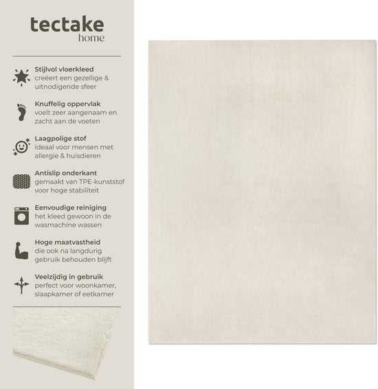 tectake® Tapis à poils courts - 140 x 200 cm - Crème - Tapis pour le salon, la chambre à coucher, la salle à manger - Facile d'entretien et lavable - Sous-couche antidérapante - Antiallergique - Diverses tailles et couleurs