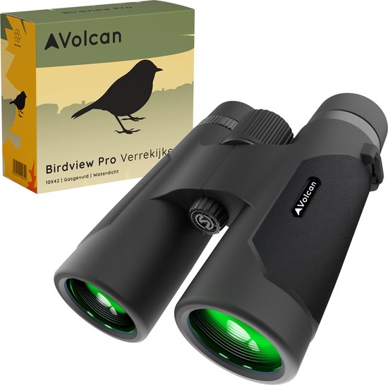 Jumelles Volcan étanches 10x42 - Pour adulte - Remplies de gaz - HD - Avec cache-objectifs, sac de transport et courroie de cou - Noir