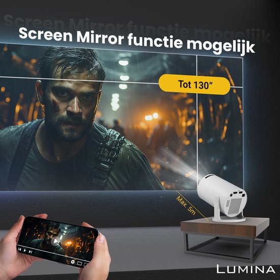 Lumina® Pro Mini Beamer 2026 - Projecteur intelligent Android 14 avec Google Playstore - Home cinéma - Pour iOS & Android - WiFi 6 & Bluetooth 5.4 - Blanc