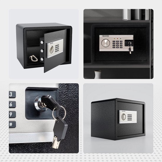 Coffre Électronique Auronic - Serrure à Combinaison - Clé - Fixation Murale - Porte 4,3cm - Alarme 130dB - 28L - 30x38x30cm - 10KG - Acier - Noir