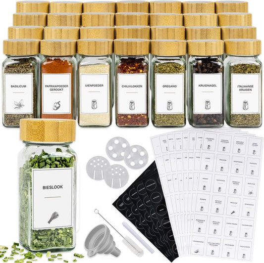 Budu Pots à épices carrés - 28 pièces - Avec couvercle - Tartineur d'épices - Incluant autocollants, étiquettes vierges, bâtons de craie et accessoires - Pots à épices