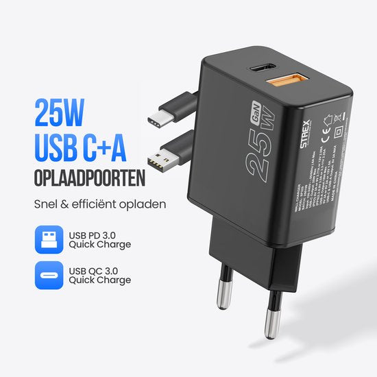 Strex USB-C & USB-A Fast Charger 25W - Chargeur GaN avec PD 3.0 & QC 3.0 - Câble USB-C inclus - Noir