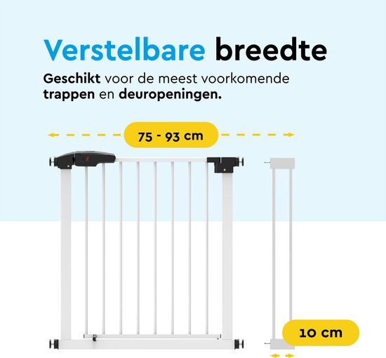 BRASQ Barrière d'escalier sans perçage - Barrière de sécurité - Barrière pour enfants avec extension 75 à 93 cm - Extensible - Fixation par pince - Métal - Barrière pour chiens - Blanc