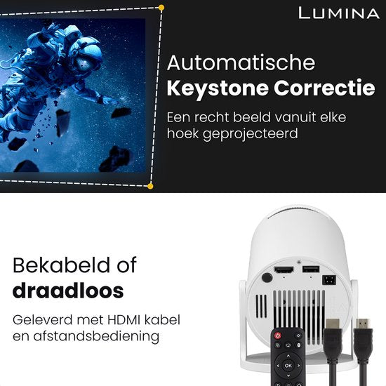 Lumina® Pro Mini Beamer 2026 - Projecteur intelligent Android 14 avec Google Playstore - Home cinéma - Pour iOS & Android - WiFi 6 & Bluetooth 5.4 - Blanc