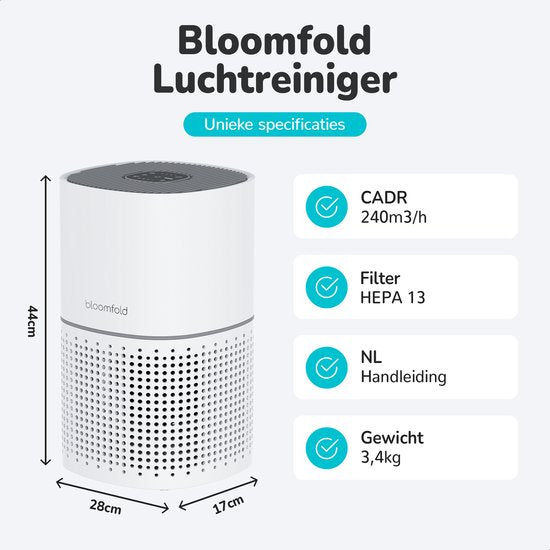 Bloomfold Air Purifier - Purificateur d'air - Filtre HEPA 13 + filtre à charbon - CADR : 240m3/h. - Mode Wifi & App - Indicateur de qualité d'air - 3 modes + mode veille