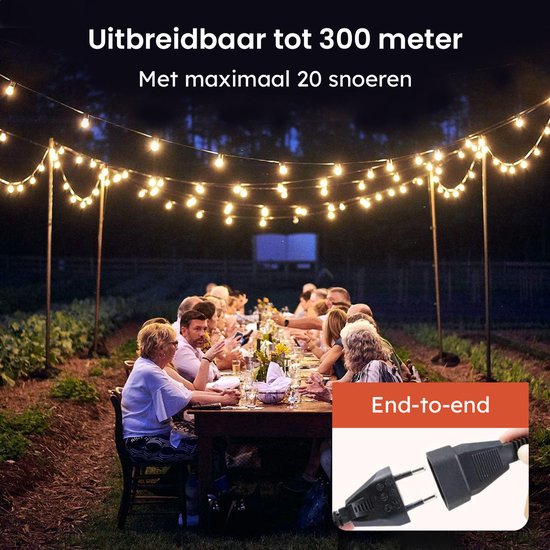 Partizzle Guirlande lumineuse étanche de 15m - Guirlande de 25 LEDs - Guirlande lumineuse de Noël pour l'extérieur, la terrasse et le camping - Lumières de Noël / Lumières de jardin - 2700k / Blanc chaud