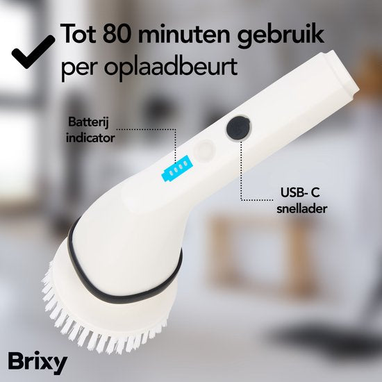 Brosse de nettoyage électrique Brixy - Brosse à récurer extensible - Sans fil - 8 accessoires - Brosse à récurer - Blanc